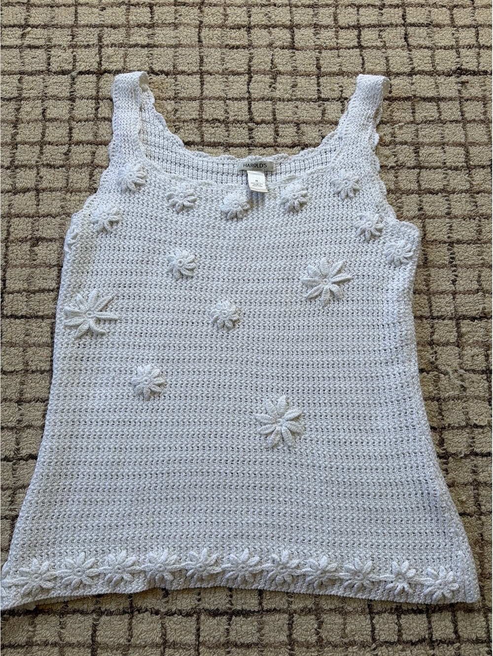 Women’s vintage white knit floral tank top grandma cottagecore milkmaid boho hip